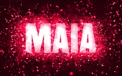 Buon Compleanno Maia, 4k, luci al neon rosa, nome Maia, creativo, Maia Buon Compleanno, Compleanno Maia, nomi femminili americani popolari, foto con nome Maia, Maia