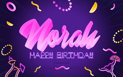 お誕生日おめでとうノラ, 4k, 紫のパーティーの背景, ノラ, クリエイティブアート, ノラお誕生日おめでとう, ノラの名前, ノラの誕生日, 誕生日パーティーの背景
