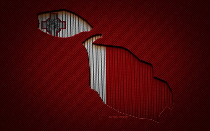 Carte de Malte, 4k, pays europ&#233;ens, drapeau maltais, fond de carbone rouge, silhouette de carte de Malte, drapeau de Malte, Europe, carte de Malte, Malte
