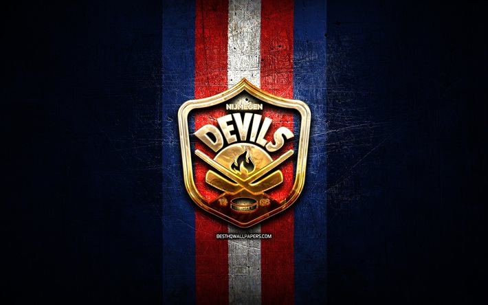 Nijmegen Devils, kultainen logo, BeNe League, sininen metalli tausta, Hollannin j&#228;&#228;kiekkojoukkue, Nijmegen Devils logo, j&#228;&#228;kiekko