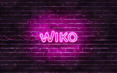 Wiko violetti logo, 4k, violetti tiilisein&#228;, Wiko logo, tuotemerkit, Wiko neon logo, Wiko