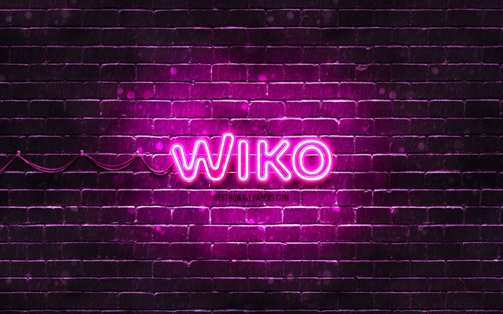 Logo Wiko violet, 4k, mur de briques violet, logo Wiko, marques, logo Wiko n&#233;on, Wiko