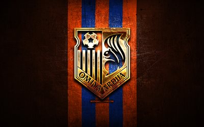 Omiya Ardija FC, golden logo, J2 League, orange metal background, football, japanese football club, Omiya Ardija logo, Omiya Ardija