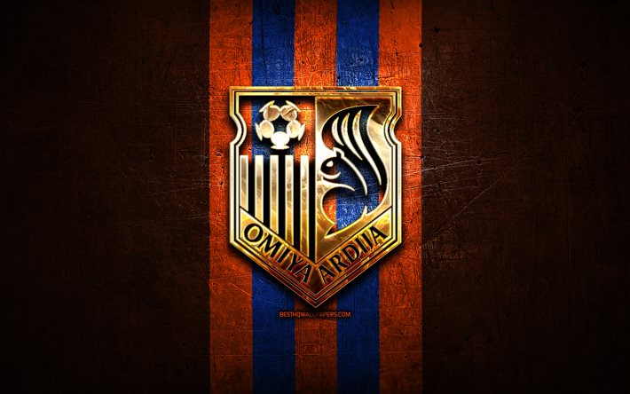 Omiya Ardija FC, kultainen logo, J2 League, oranssi metallitausta, jalkapallo, japanilainen jalkapalloseura, Omiya Ardija logo, Omiya Ardija