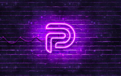 Logotipo violeta parler, 4k, parede de tijolos violeta, logotipo parler, redes sociais, logotipo parler neon, Parler
