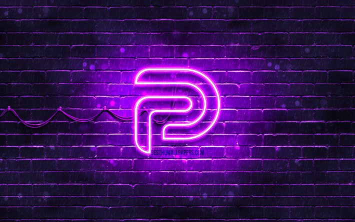 Parler logo violet, 4k, brickwall violet, logo Parler, réseaux sociaux, logo Parler néon, Parler