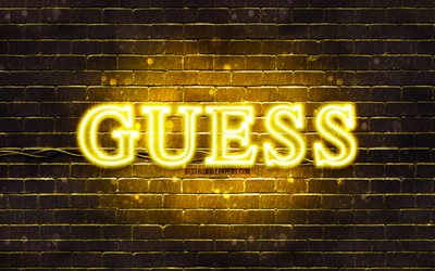 Guess yellow logo, 4k, yellow brickwall, Guess logo, brands, Guess neon logo, Guess