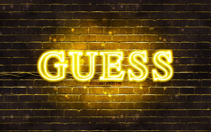 Guess sarı logo, 4k, sarı tuğla duvar, Guess logosu, markalar, Guess neon logosu, Guess