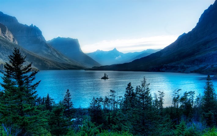 Glacier National Park, 4k, summer, american landmarks, mountains, beautiful nature, twilight, America, USA, forest