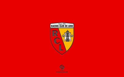 RC Lens, punainen tausta, Ranskan jalkapallojoukkue, RC Lens tunnus, Ligue 1, Lens, Ranska, jalkapallo, RC Lens logo