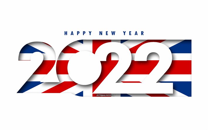Hyv&#228;&#228; uutta vuotta 2022 Iso-Britannia, valkoinen tausta, Iso-Britannia 2022, Iso-Britannia 2022 Uusivuosi, 2022 k&#228;sitteet, Iso-Britannia, Yhdistyneen kuningaskunnan lippu