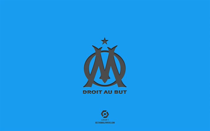 Olympique Marseille, blue background, French football team, Olympique Marseille emblem, Ligue 1, Marseille, France, football, Olympique Marseille logo