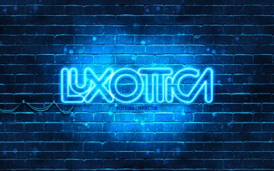 Luxottica mavi logo, 4k, mavi tuğla duvar, Luxottica logosu, markalar, Luxottica neon logosu, Luxottica