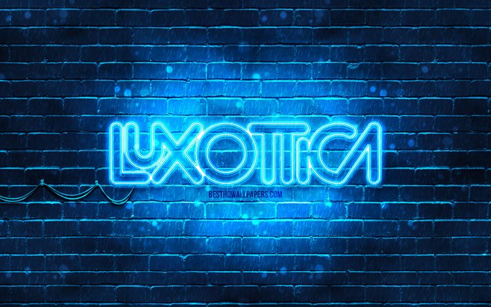 Logo Luxottica blu, 4k, brickwall blu, logo Luxottica, marchi, logo neon Luxottica, Luxottica
