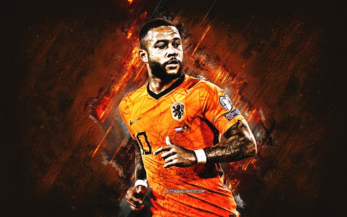 Memphis Depay, Netherlands national football team, Dutch football player, portrait, orange stone background, football, Netherlands