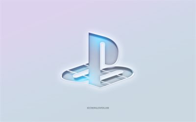 Logotipo do PlayStation, texto 3d, fundo branco, logotipo do PlayStation 3d, emblema do PlayStation, PlayStation, logotipo gravado, emblema do PlayStation 3d, logotipo PS
