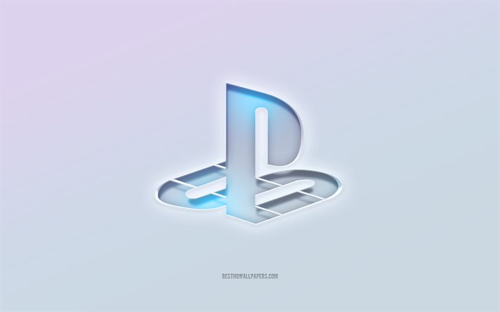 Logo PlayStation, testo 3d ritagliato, sfondo bianco, logo PlayStation 3d, emblema PlayStation, PlayStation, logo in rilievo, emblema PlayStation 3d, logo PS