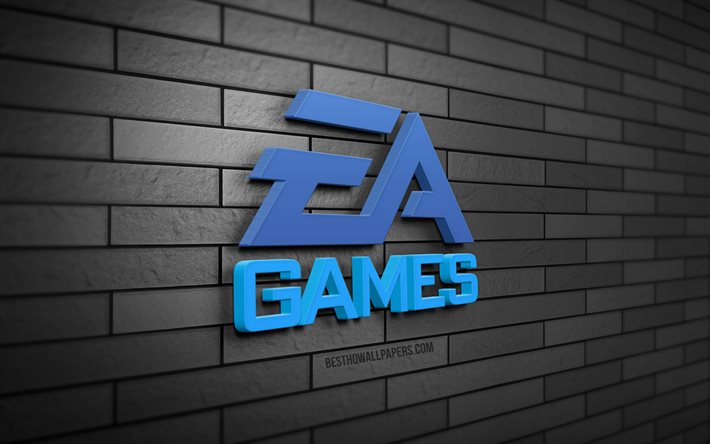 EA Games 3D logosu, 4K, Electronic Arts, gri tuğla duvar, yaratıcı, markalar, EA Games logosu, 3D sanat, EA Games, Electronic Arts logosu