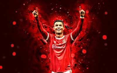 Cristiano Ronaldo, 4k, alegria, Manchester United, estrelas do futebol, CR7, Manchester United FC, luzes vermelhas de neon, Cristiano Ronaldo 4K, Cristiano Ronaldo Manchester United, CR7 Man United