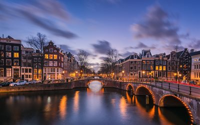 Amsterdam, evening, city lights, canal, bridge, Holland, Netherlands