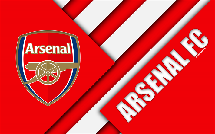 L&#39;Arsenal FC, logo, 4k, la conception de mat&#233;riaux, rouge blanc de l&#39;abstraction, de football, Londres, Angleterre, Premier League, le club de football anglais