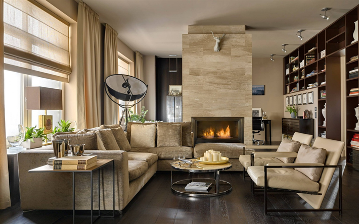 soggiorno, accoglienti interni, camino, design moderno, toni del beige