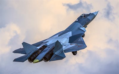 Cazas rusos Su-57, ruso de la Fuerza A&#233;rea, aviones militares, T-50 PAK FA