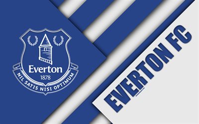 Everton FC, logo, 4k, material design, blue white abstraction, football, Liverpool, England, UK, Premier League, English football club