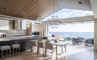 kitchen living room, modern design, villa, country house, modern interior