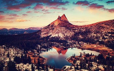 Yosemite National Park, 4k, autumn, sunset, american landmarks, forest, California, USA, America