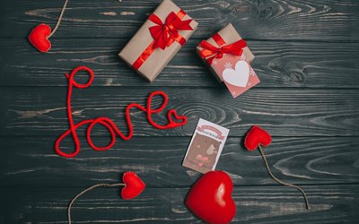 liebe konzepte, geschenke, karten, rote seide bogen, valentines tag