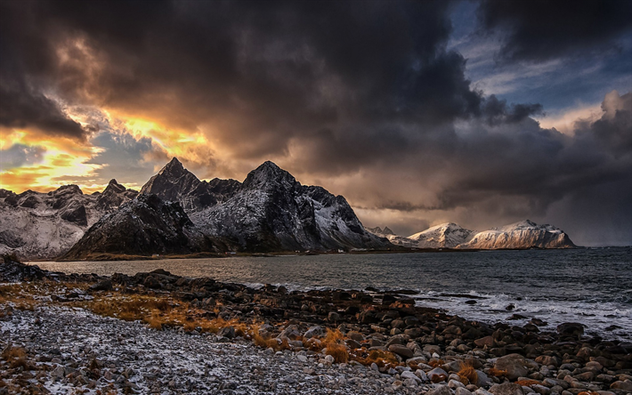 Lofoten, costa, invierno, nieve, rocas, mar, Noruega