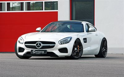 Mercedes GT S AMG, G-Power, 2017, white sports coupe, tuning, black wheels, Mercedes