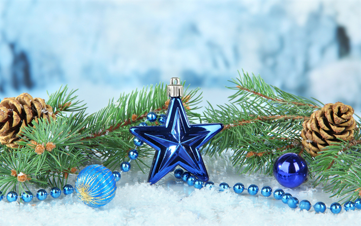 New Year, blue star, Christmas, snow, decoration, Merry Christmas