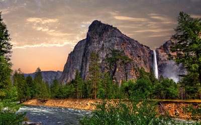 Yosemite Falls, 4k, river, american landmarks, autumn, Yosemite National Park, forest, California, USA, America