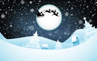 winter landscape, art, snow, winter, Santa Claus, deer, sled, Christmas, New Year