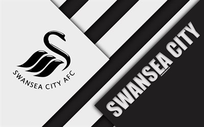 Swansea City FC, logo, 4k, material design, white black abstraction, football, Swansea, England, UK, Premier League, English football club