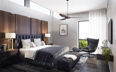 bedroom, modern interior, large bed, modern design, gray interior, wooden wall