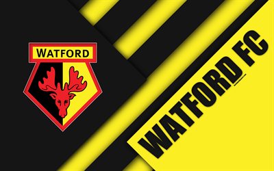 Watford FC, logo, 4k, material design, yellow black abstraction, football, Watford, UK, England, Premier League, English football club