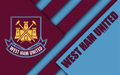 West Ham United FC, logo, 4k, material design, purple blue abstraction, football, London, UK, England, Premier League, English football club