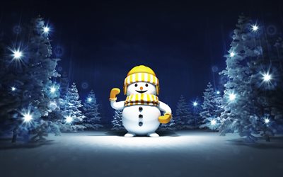 3d snowman, winter, night, 3d forest, 3d trees, winter landscape, Christmas