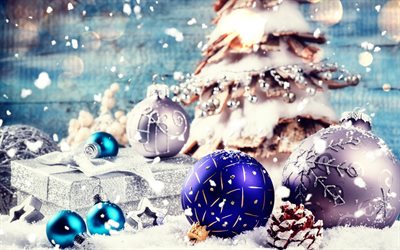 Navidad, decoraci&#243;n, azul bolas de navidad, nieve, Feliz Navidad, Xmas