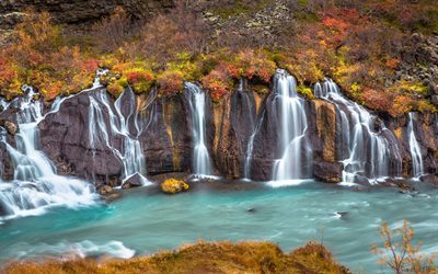 waterfall, rock, lake, winter, Iceland, Hraunfossar