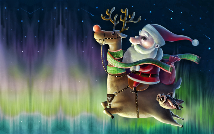 Santa claus on deer, Happy New Year, new years eve, santa claus, gifts, northern lights, flying santa claus
