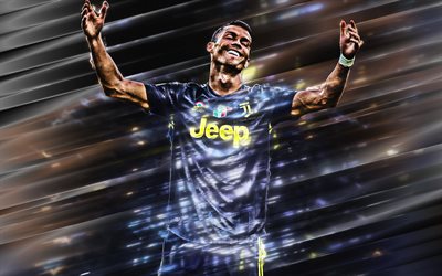 Cristiano Ronaldo, Juventus FC, con el uniforme negro del mundo de f&#250;tbol de la estrella, retrato, arte creativo, Serie A, Italia, CR7, Ronaldo, la Juve