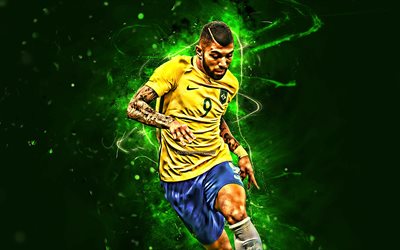 Gabriel Barbosa, match, Brazil National Team, forward, fan art, Barbosa, Neymar JR, soccer, neon lights, football stars, Brazilian football team