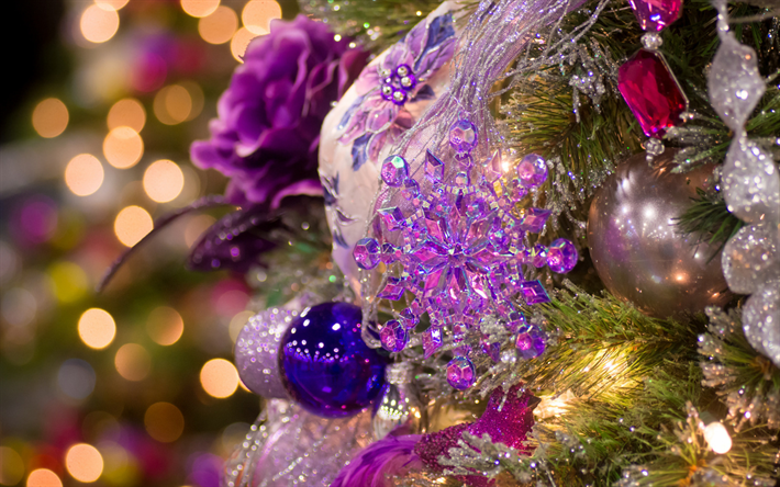 weihnachtsbaum -, abend -, lichter, neues jahr, frohe weihnachten, kugeln, lila glas schneeflocke