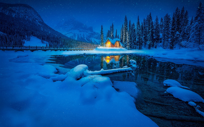 Emerald Lake, paisagem de inverno, neve, floresta, montanhas, natal, inverno, Montanhas Rochosas Canadenses, British Columbia, Canada