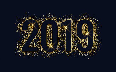 Feliz Ano Novo 2019, ouro brilhante, 2019 ouro de fundo, 2019 ouro de inscri&#231;&#227;o, 2019 conceitos, arte