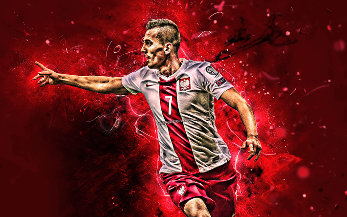 Arkadiusz Milik, goal, Poland National Team, abstract art, Milik, soccer, footballers, neon lights, Polish football team